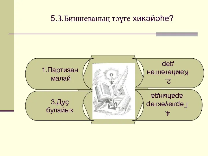 5.З.Биишеваның тәүге хикәйәһе? 1.Партизан малай 3.Дуҫ булайыҡ 4.Гөрләүектәр араһында 2.Кәмһетелгәндәр