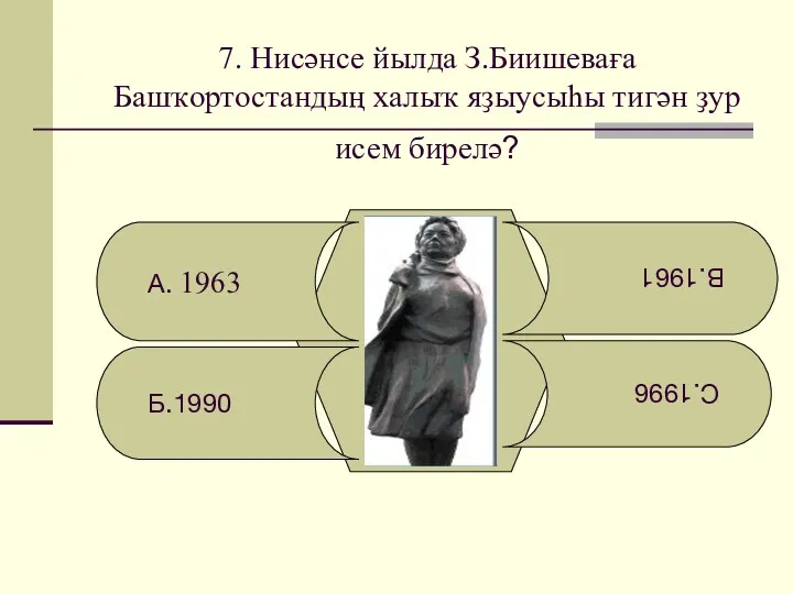 7. Нисәнсе йылда З.Биишеваға Башҡортостандың халыҡ яҙыусыһы тигән ҙур исем бирелә? А. 1963 Б.1990 С.1996 В.1961