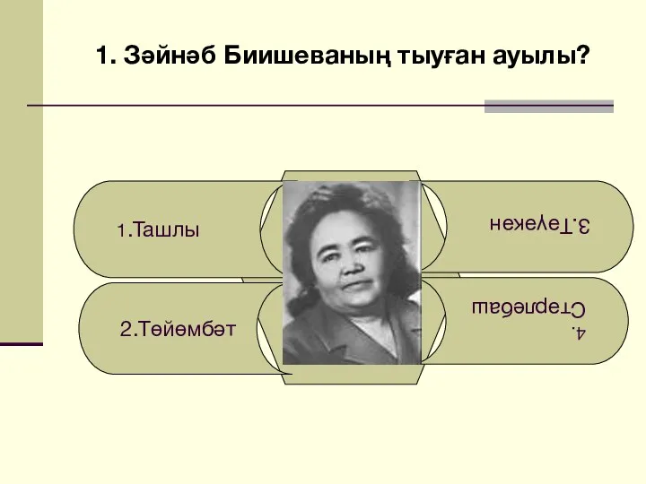 1. Зәйнәб Биишеваның тыуған ауылы? 1.Ташлы 2.Төйөмбәт 4. Стәрлебаш 3.Тәүәкән