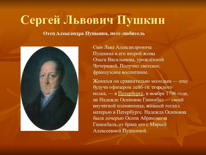 Сергей Львович Пушкин Отец Александра Пушкина, поэт-любитель Сын Льва Александровича