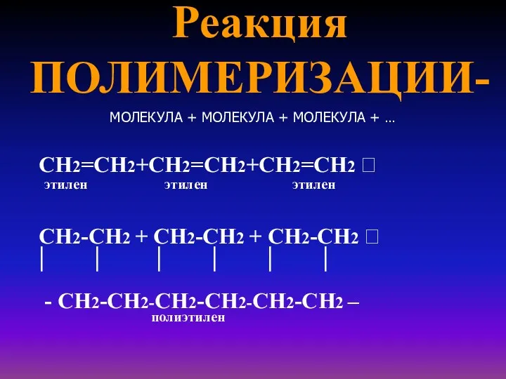 Реакция ПОЛИМЕРИЗАЦИИ- МОЛЕКУЛА + МОЛЕКУЛА + МОЛЕКУЛА + … СН2=СН2+СН2=СН2+СН2=СН2