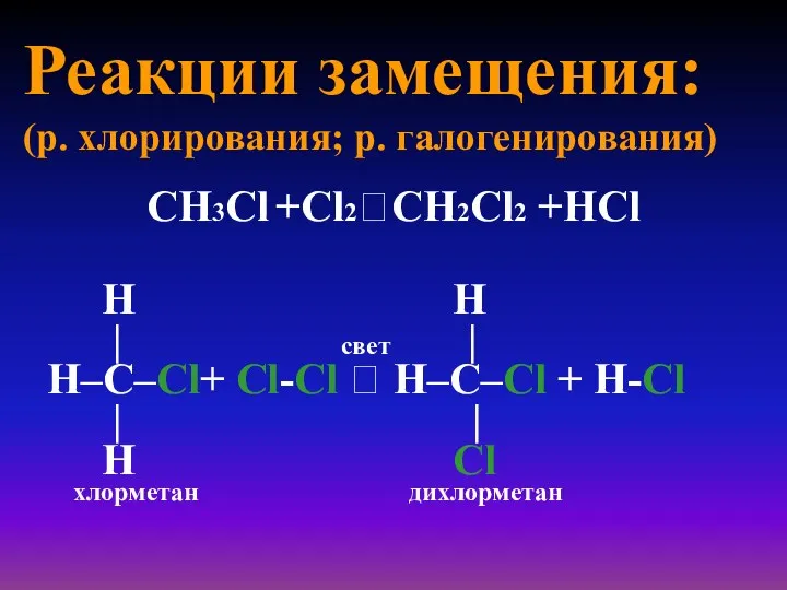 Реакции замещения: (р. хлорирования; р. галогенирования) СН3Cl +Cl2?СH2Cl2 +НCl H