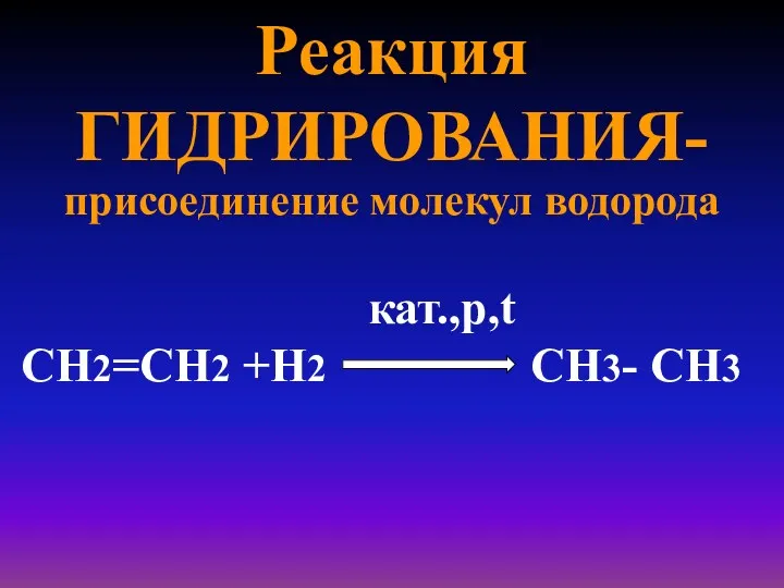 Реакция ГИДРИРОВАНИЯ- присоединение молекул водорода кат.,p,t СН2=СН2 +Н2 СН3- СН3