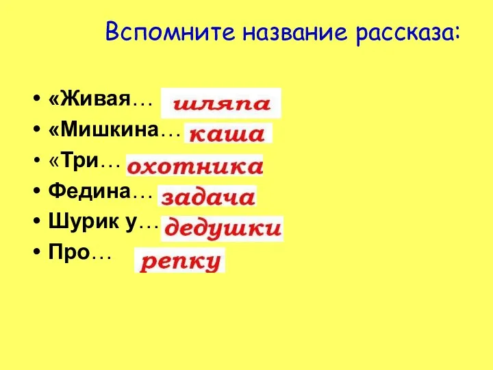 Вспомните название рассказа: «Живая… «Мишкина… «Три… Федина… Шурик у… Про…