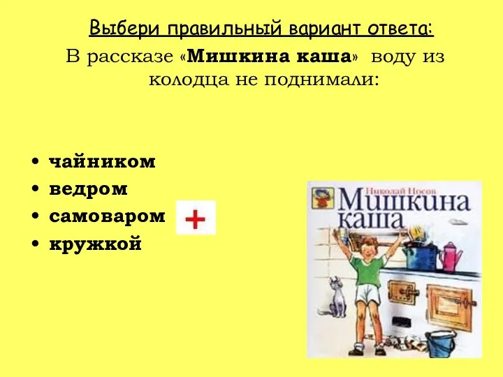 Выбери правильный вариант ответа: В рассказе «Мишкина каша» воду из