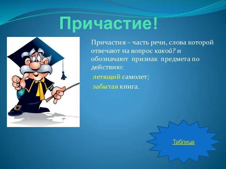 Причастие! Причастия – часть речи, слова которой отвечают на вопрос