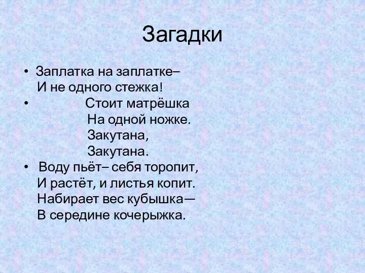 Загадки Заплатка на заплатке– И не одного стежка! Стоит матрёшка