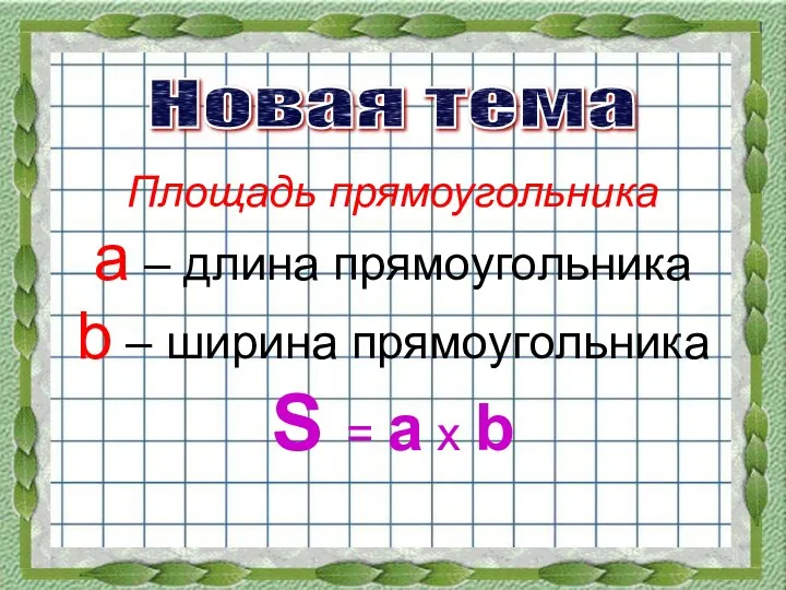 Площадь прямоугольника a – длина прямоугольника b – ширина прямоугольника