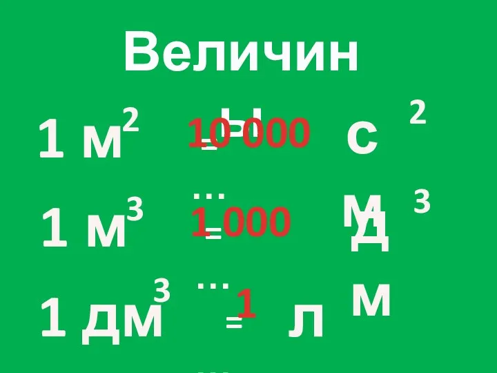 Величины 1 м 2 = … см 2 10 000