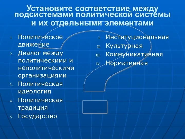 ? Установите соответствие между подсистемами политической системы и их отдельными