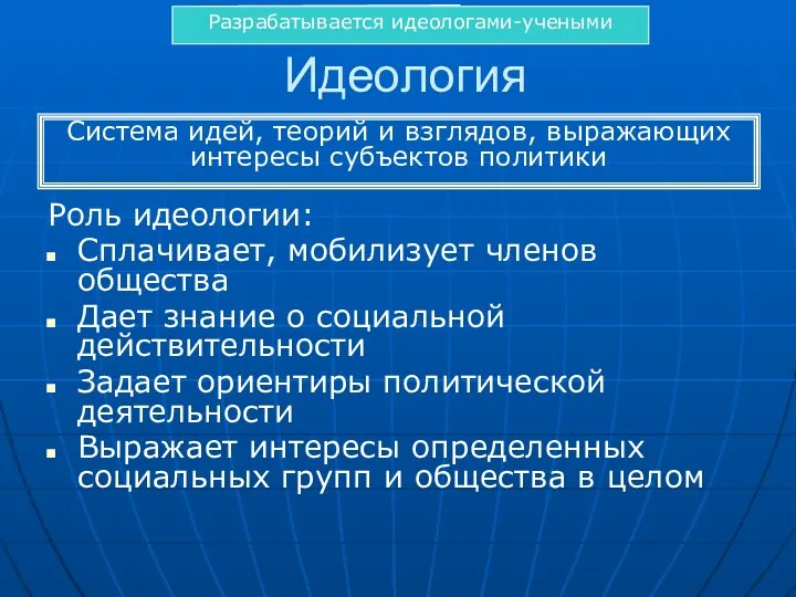 Идеология Роль идеологии: Сплачивает, мобилизует членов общества Дает знание о