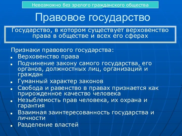 Правовое государство Признаки правового государства: Верховенство права Подчинение закону самого