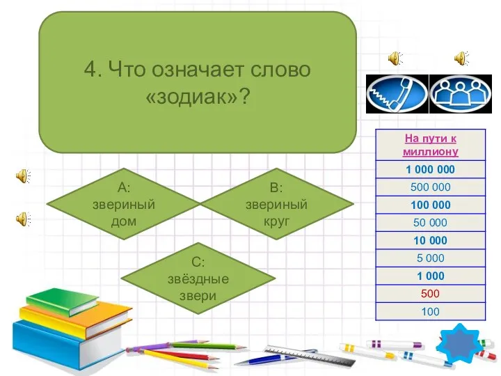 4. Что означает слово «зодиак»? А: звериный дом B: звериный круг C: звёздные звери