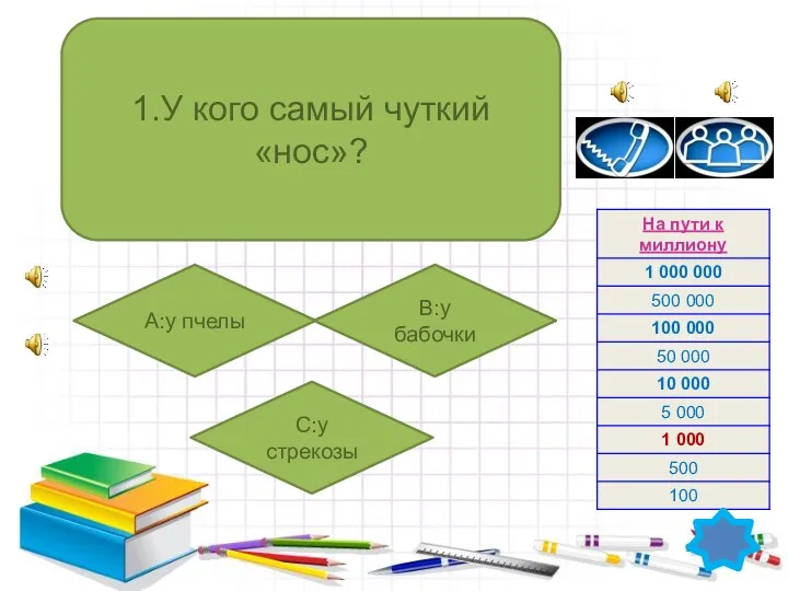 1.У кого самый чуткий «нос»? А:у пчелы B:у бабочки C:у стрекозы