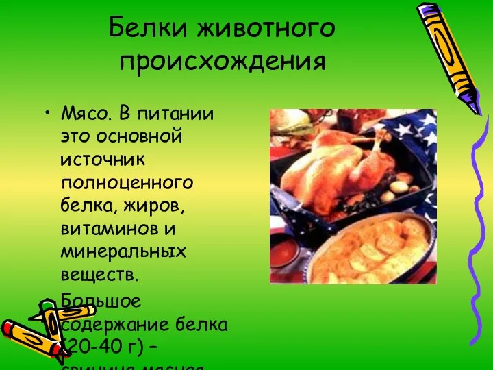 Белки животного происхождения Мясо. В питании это основной источник полноценного белка, жиров, витаминов