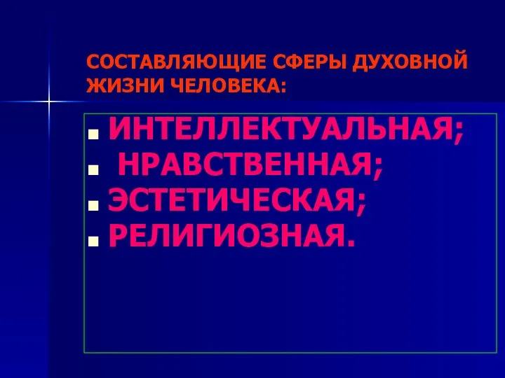 СОСТАВЛЯЮЩИЕ СФЕРЫ ДУХОВНОЙ ЖИЗНИ ЧЕЛОВЕКА: ИНТЕЛЛЕКТУАЛЬНАЯ; НРАВСТВЕННАЯ; ЭСТЕТИЧЕСКАЯ; РЕЛИГИОЗНАЯ.