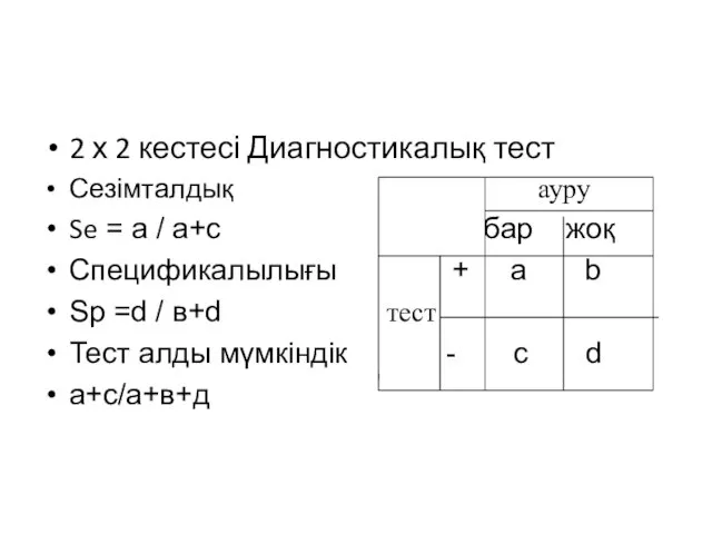 2 х 2 кестесі Диагностикалық тест Сезімталдық ауру Se = а / а+с