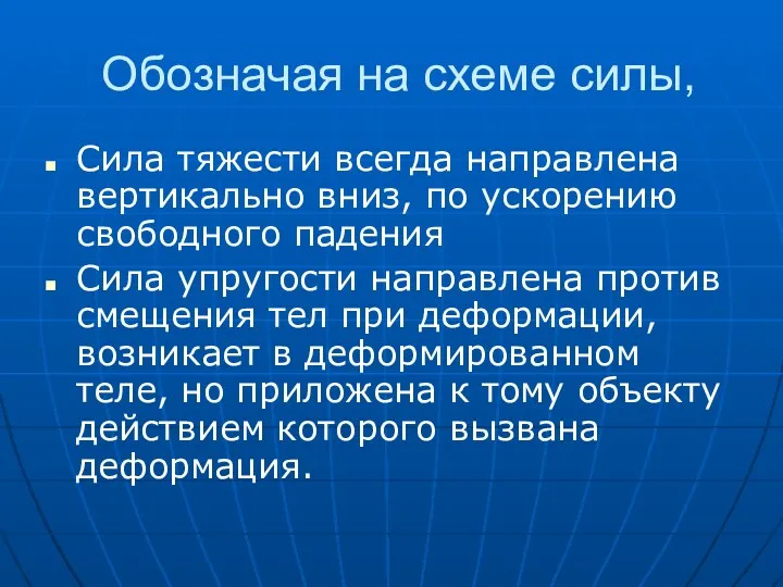 Обозначая на схеме силы, Сила тяжести всегда направлена вертикально вниз,