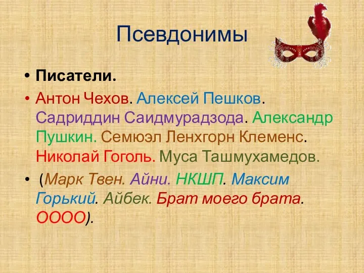 Псевдонимы Писатели. Антон Чехов. Алексей Пешков. Садриддин Саидмурадзода. Александр Пушкин.