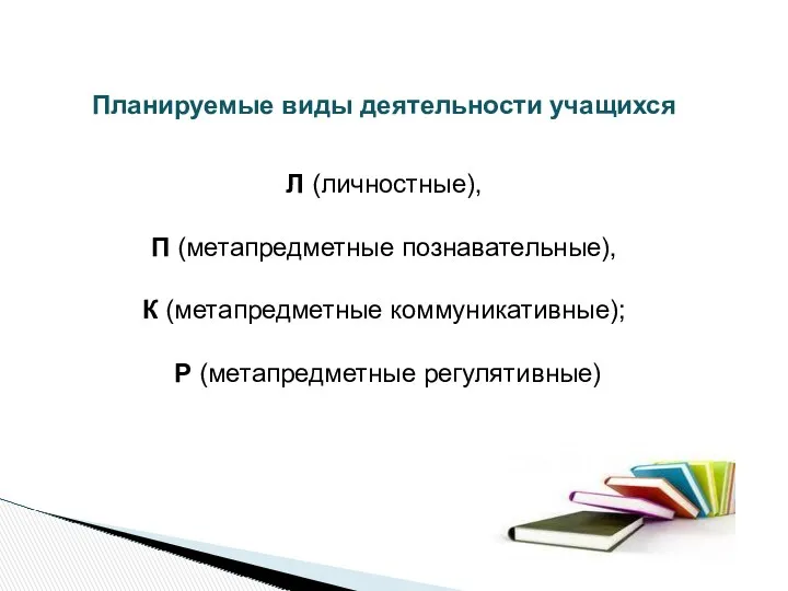 Планируемые виды деятельности учащихся Л (личностные), П (метапредметные познавательные), К (метапредметные коммуникативные); Р (метапредметные регулятивные)