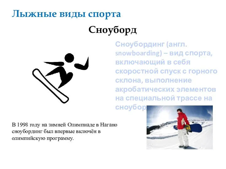 Лыжные виды спорта Сноуборд Сноубординг (англ. snowboarding) – вид спорта, включающий в себя
