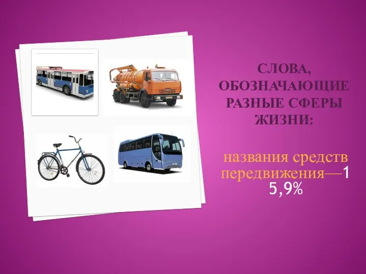 слова, обозначающие разные сферы жизни: названия средств передвижения—15,9%