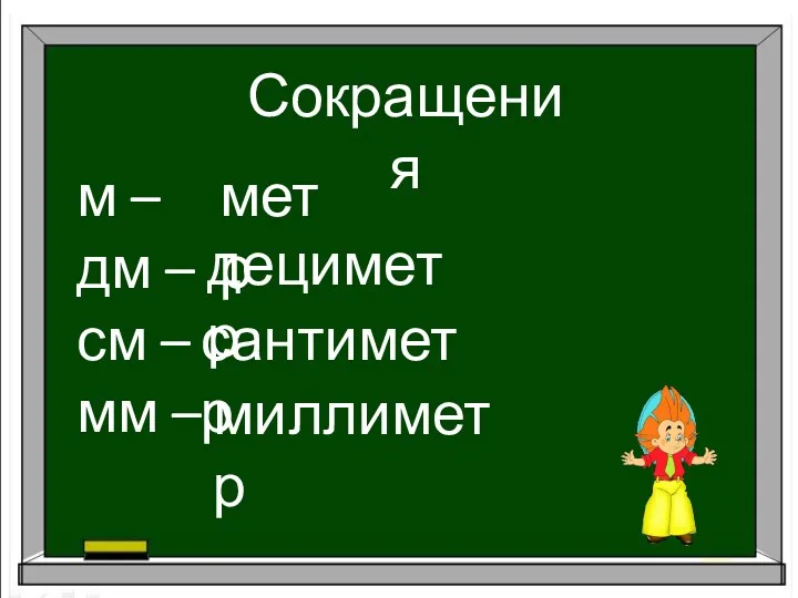 Сокращения м – дм – см – мм – метр дециметр сантиметр миллиметр