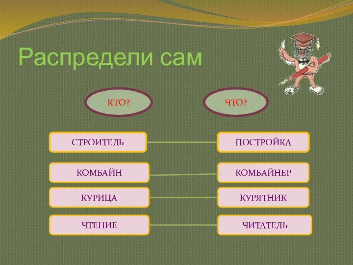 Распредели сам КТО? ЧТО? СТРОИТЕЛЬ ПОСТРОЙКА КОМБАЙН КУРИЦА ЧТЕНИЕ КОМБАЙНЕР КУРЯТНИК ЧИТАТЕЛЬ