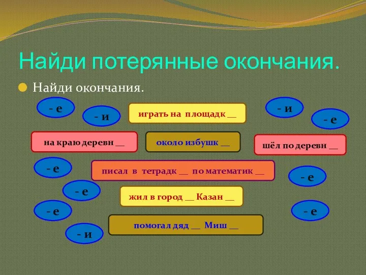 Найди потерянные окончания. Найди окончания. играть на площадк __ шёл по деревн __