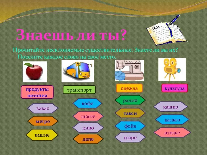 Прочитайте несклоняемые существительные. Знаете ли вы их? Поселите каждое слово