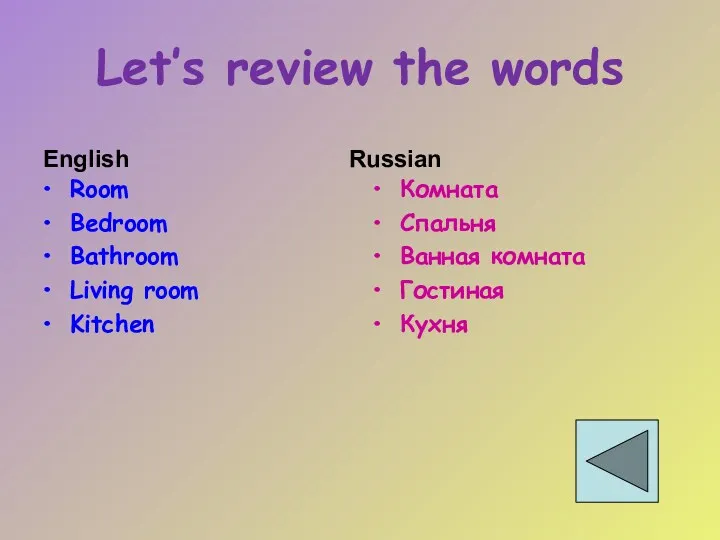 Let’s review the words Room Bedroom Bathroom Living room Kitchen Комната Спальня Ванная