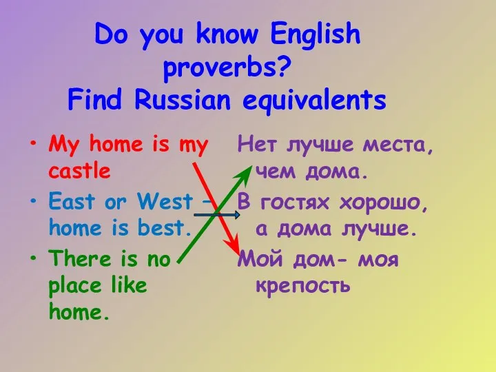 Do you know English proverbs? Find Russian equivalents My home is my castle