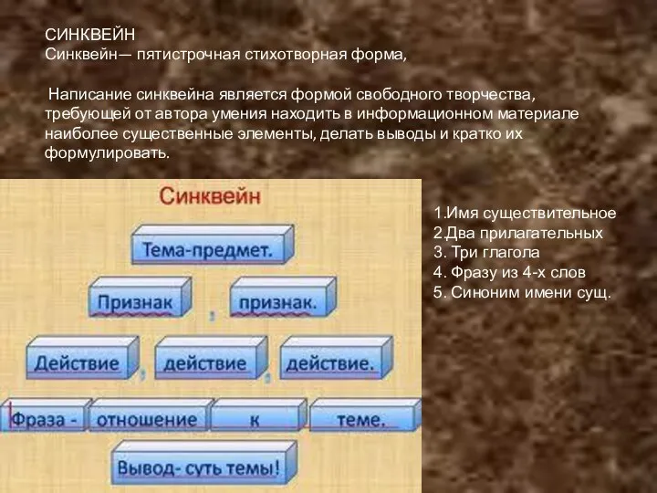 СИНКВЕЙН Синквейн— пятистрочная стихотворная форма, Написание синквейна является формой свободного творчества, требующей от