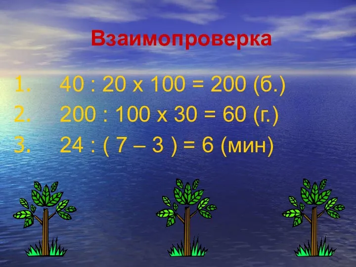 Взаимопроверка 40 : 20 х 100 = 200 (б.) 200