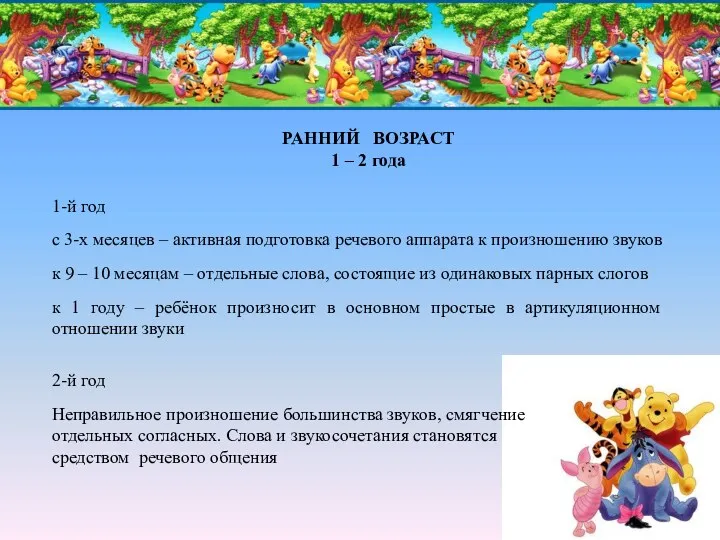 РАННИЙ ВОЗРАСТ 1 – 2 года с 3-х месяцев –