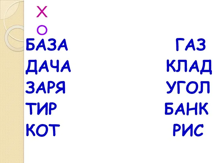 Х О БАЗА ГАЗ ДАЧА КЛАД ЗАРЯ УГОЛ ТИР БАНК КОТ РИС