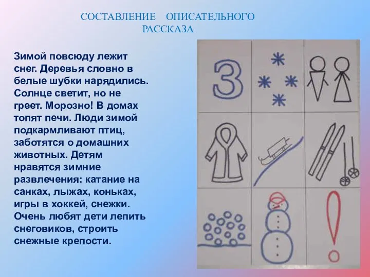 СОСТАВЛЕНИЕ ОПИСАТЕЛЬНОГО РАССКАЗА Зимой повсюду лежит снег. Деревья словно в