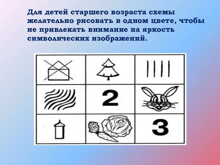 Для детей старшего возраста схемы желательно рисовать в одном цвете, чтобы не привлекать