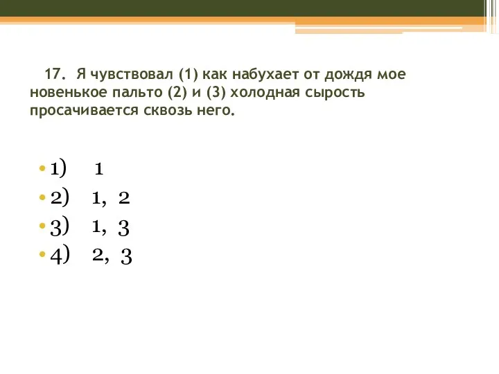 17. Я чувствовал (1) как набухает от дождя мое новенькое