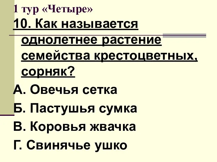 1 тур «Четыре» 10. Как называется однолетнее растение семейства крестоцветных,сорняк?