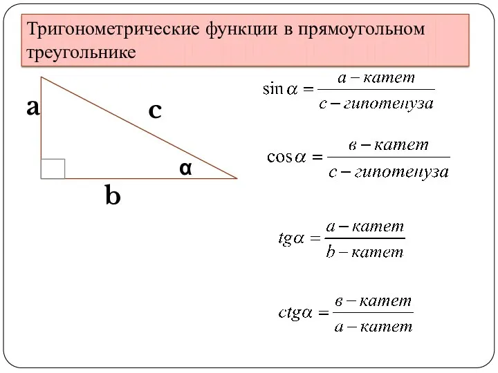 Тригонометрические функции в прямоугольном треугольнике α a b c