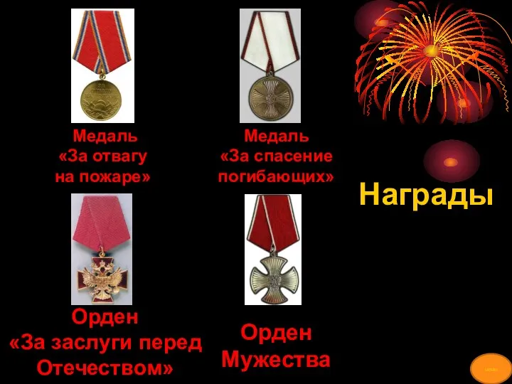 Награды Медаль «За отвагу на пожаре» Медаль «За спасение погибающих»