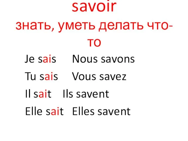 savoir знать, уметь делать что-то Je sais Nous savons Tu sais Vous savez