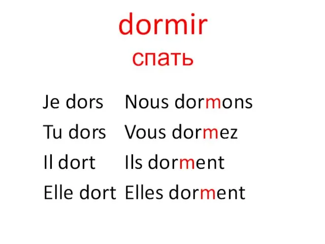 dormir спать Je dors Nous dormons Tu dors Vous dormez Il dort Ils