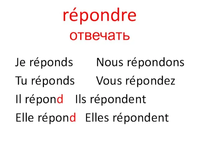 répondre отвечать Je réponds Nous répondons Tu réponds Vous répondez Il répond Ils