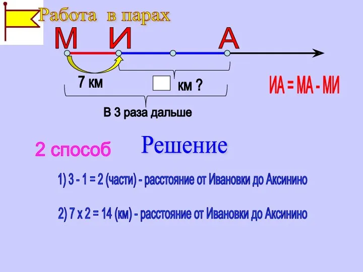 1) 3 - 1 = 2 (части) - расстояние от