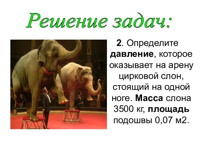 2. Определите давление, которое оказывает на арену цирковой слон, стоящий на одной ноге.