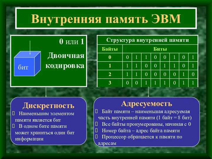 Внутренняя память ЭВМ 0 или 1 Двоичная кодировка Адресуемость Байт