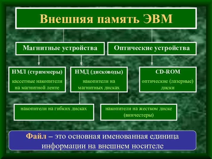 Внешняя память ЭВМ Магнитные устройства Файл – это основная именованная