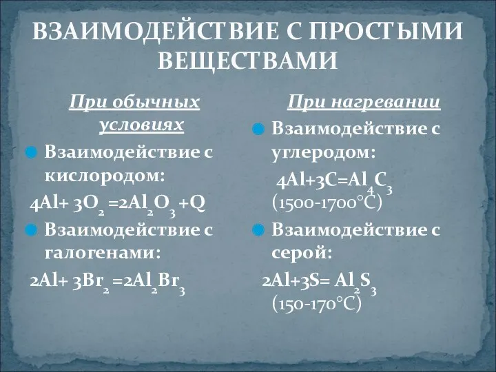 ВЗАИМОДЕЙСТВИЕ С ПРОСТЫМИ ВЕЩЕСТВАМИ При обычных условиях Взаимодействие с кислородом: 4Al+ 3O2 =2Al2O3